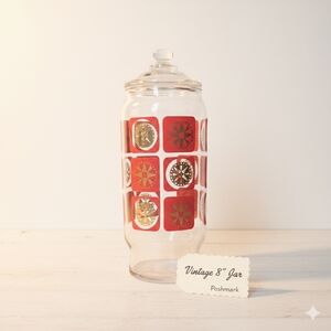 Vintage Mid Century Modern Atomic Glass Apothecary Jar with Lid – Red & Gold